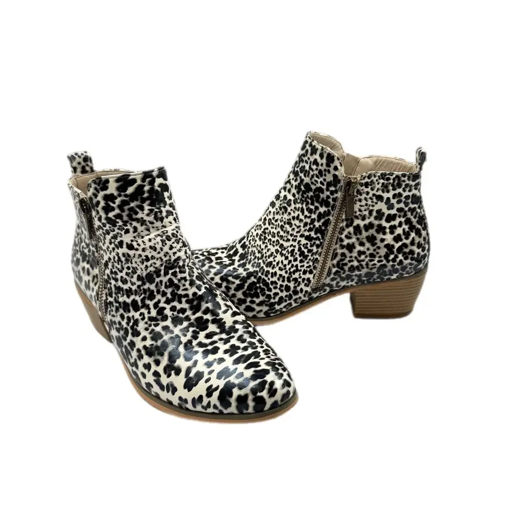 Journee Collection Rebel Leopard Black White & Gray Side Zip Block Heel Booties